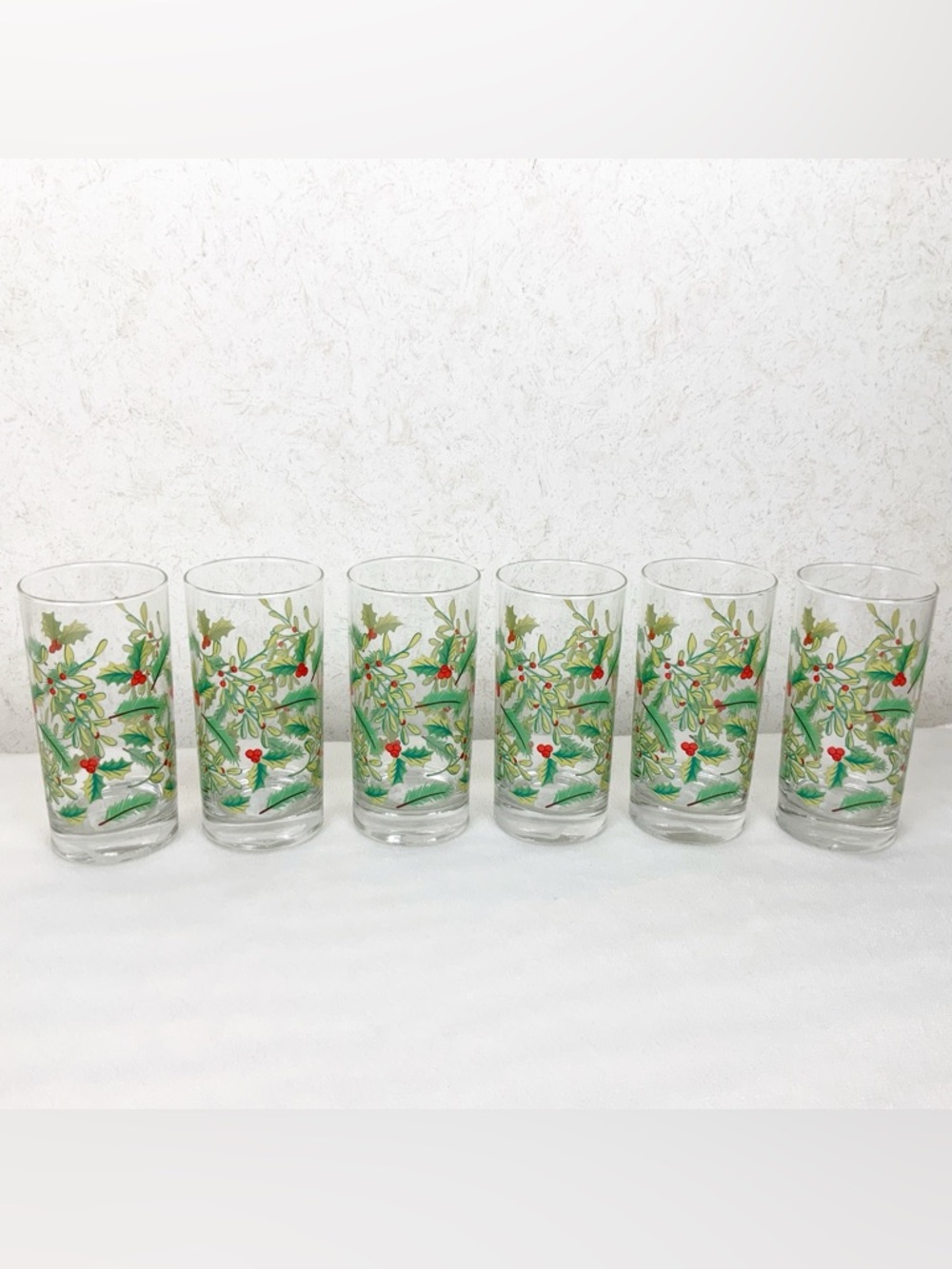 Crisa Mistletoe Holly 6 Highball Tea Tumbler Glasses Christmas 16.3 Oz Holiday
